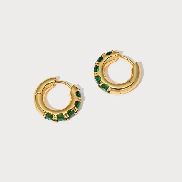 Emerald Huggie Hoop Earrings, Emerald Hoop Earrings, Green Gem Earrings - Picture 4 of 9